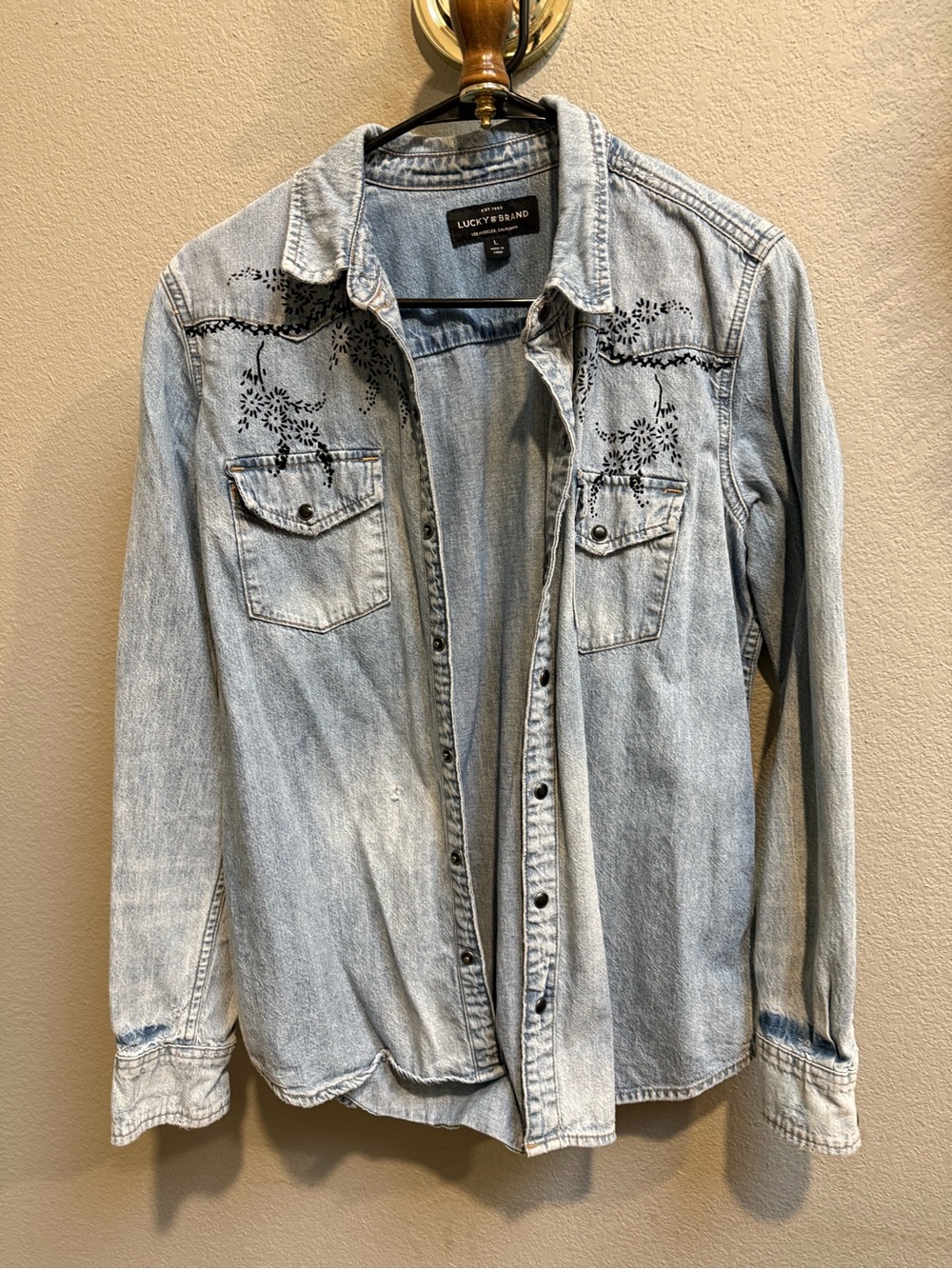 Lucky Brand Light Wash Denim Button-Up Shirt with Black Embroidery